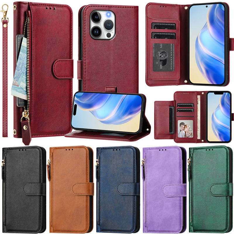 หรูหราปลอกสําหรับiphone 12 Pro Max XR Xs Max 11 Pro Max 8 Plus 7 Plus X Xs 6 Plus 6S Plus SE 2022 SE3 SE4 ซิปกระเป๋าสตางค์Litchiหนังช่องใส่การ์ดพลิกผิวขาตั้งป้องกันกรณี