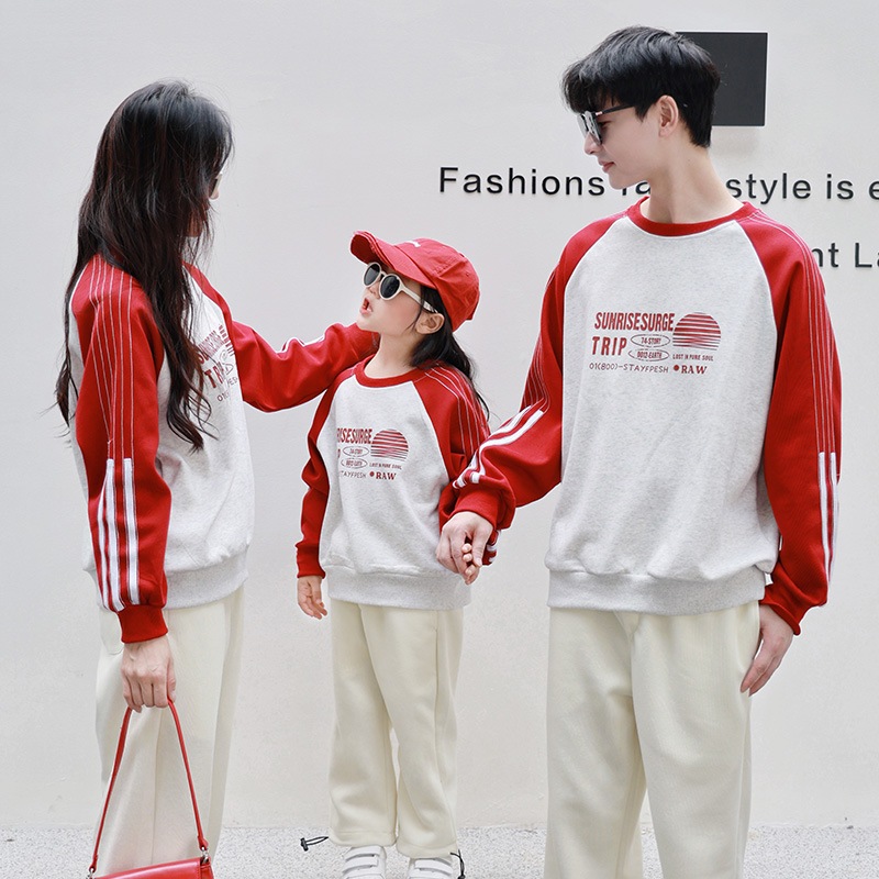 ครอบครัวจับคู่ชุด ชม. เสื้อฮู้ด ผู้ชายเด็กชายแขนยาวสวมใส่แม่และลูกสาวเสื้อผ้าคู่ชุด