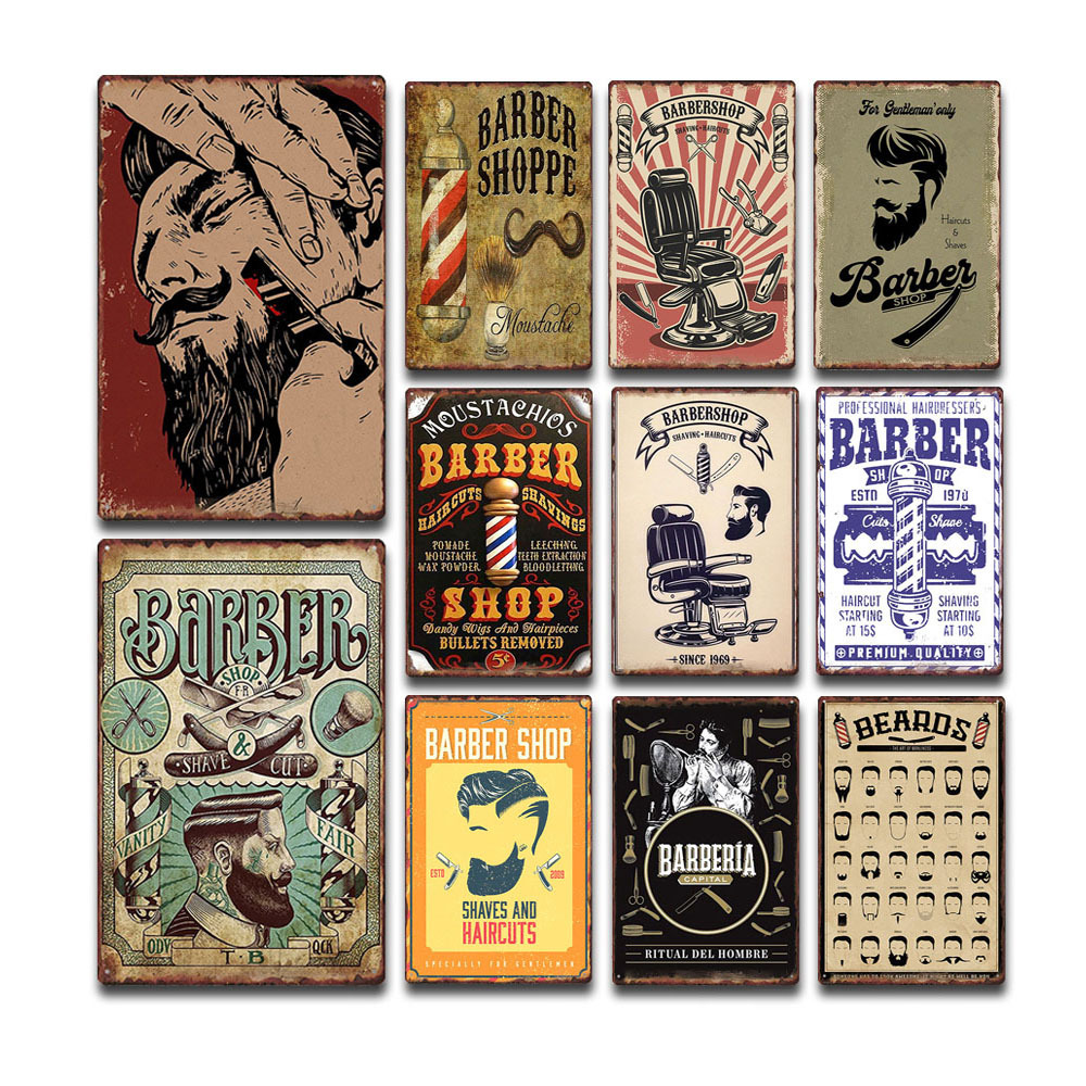 Retro ตัดผมตกแต่งภาพวาด,ภาพวาดดีบุก,ผม Salon Wall Sign,Bar Home Wall ตกแต่ง,ตัดผมโลหะดีบุก Decor