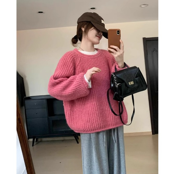 NZN เสื้อไหมพรมหนาม้วนลมขี้เกียจ ฤดูหนาวใหม่ผู้หญิงหลวมและบางเวอร์ชั่นเกาหลีของคอกลมแขนยาวถัก