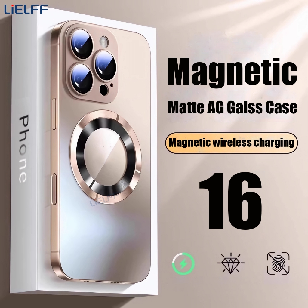 Matte Magnetic Case สําหรับ iPhone 16 pro max 15 14 13 pro max 12 ปลอกแก้วเลนส์ฟิล์มป้องกันกล้องเคสโทรศัพท์กันกระแทกปกแข็ง
