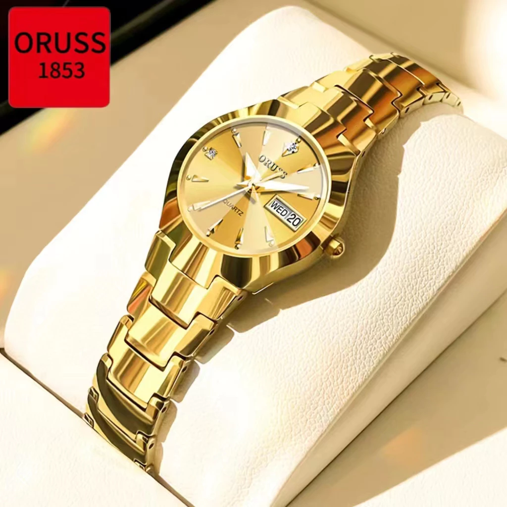 ORUSS รัส ต้นฉบับหญิง/ชายสแตนเลสหรูหราปฏิทินคู่กันน้ําทองนาฬิกาขนาดเล็กแฟชั่นธุรกิจเกาหลีรุ่นนาฬิกาควอตซ์