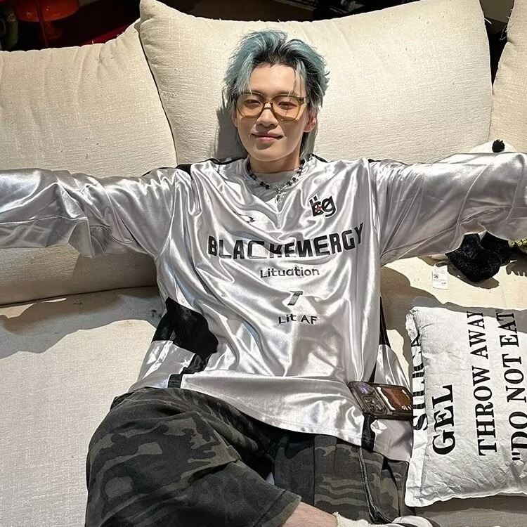 Streetkeeper สไตล์อเมริกันรถจักรยานยนต์ Contrast สีเย็บเสื้อยืดแขนยาวชายเงิน M-3XL คู่หลวม Hip-Hop Casual Ball Jersey Stre