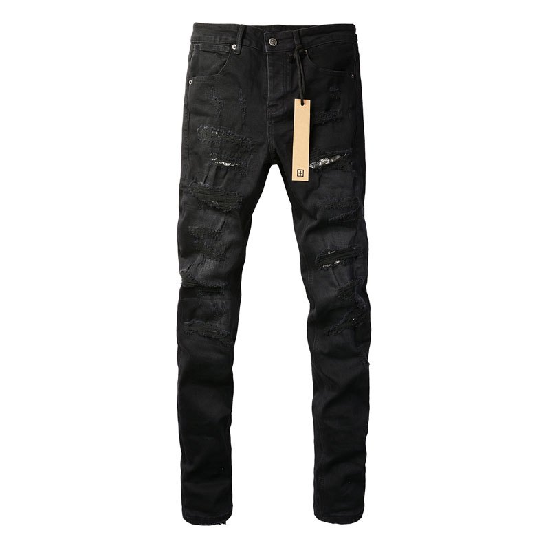 High street แฟชั่นแบรนด์ผู้ชายกางเกงยีนส์สีดํา slim patch กางเกงยีนส์ยืดหยุ่นออกแบบผู้ชาย hip-hop แบรนด์กางเกงยีนส์