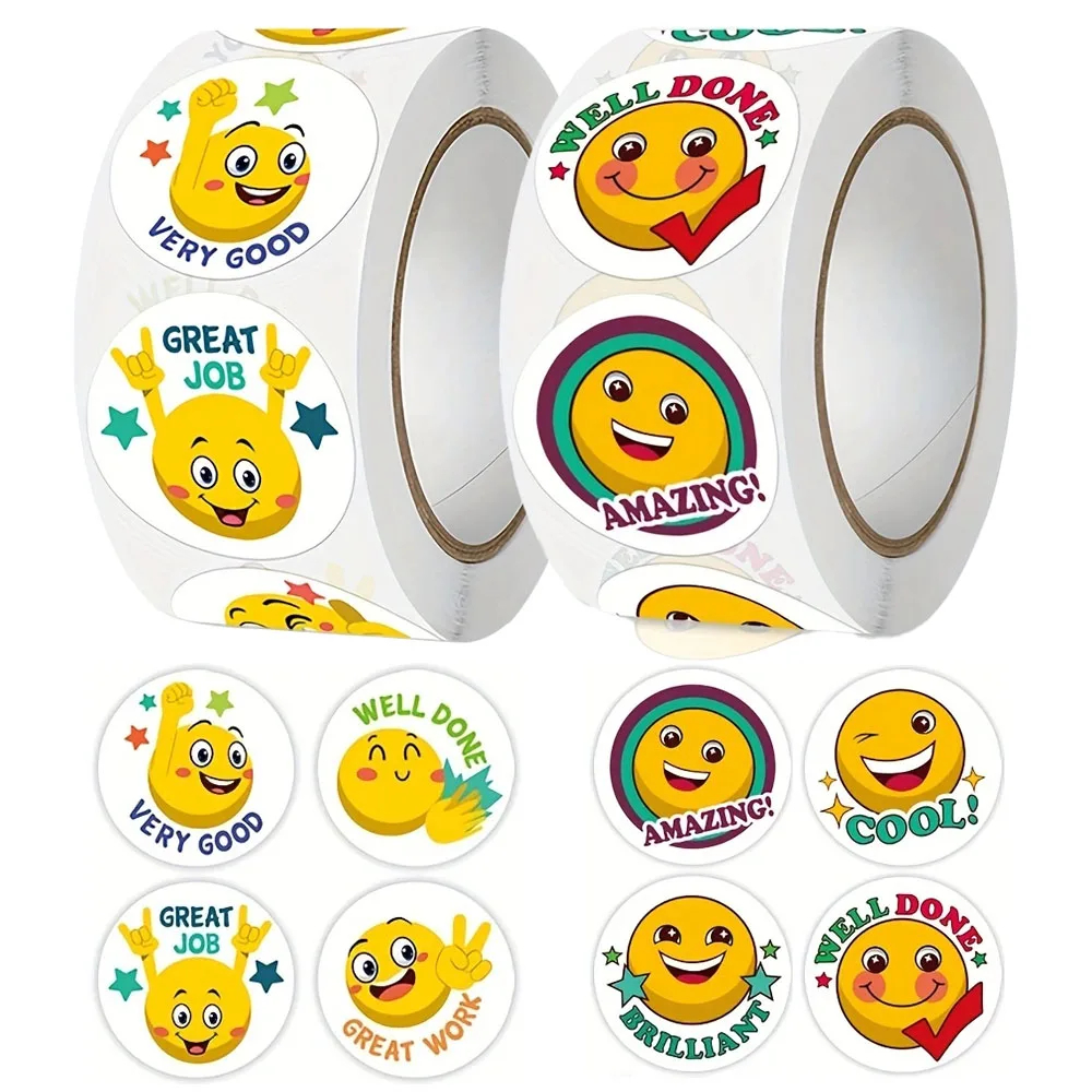 500 ชิ้น/ม้วนการ์ตูนตลก Smile Face Expression รางวัลสติกเกอร์ 8 การออกแบบ 2.5 ซม./1.0in รอบสําหรับ PC Pad ตู้เย็นของขวัญ Diy Decor