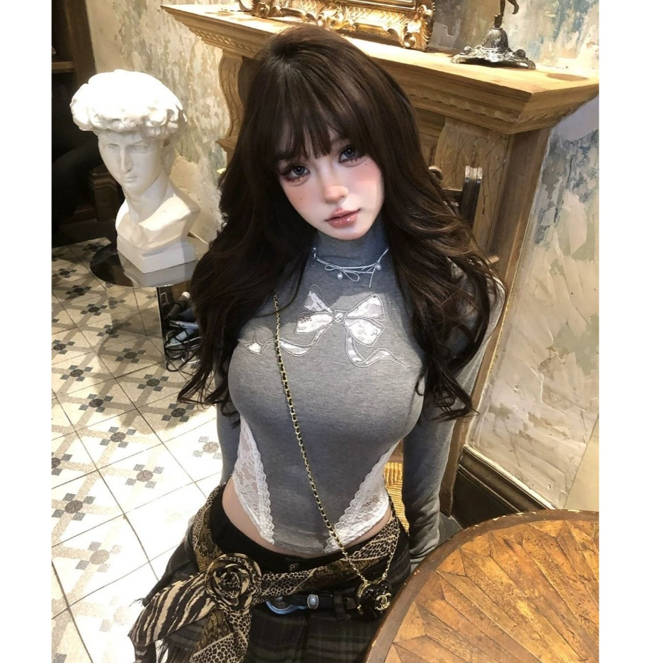 American Sweet Hot Girl Bow Lace Pure Desire เสื้อยืดทรงเข้ารูปคอสูง