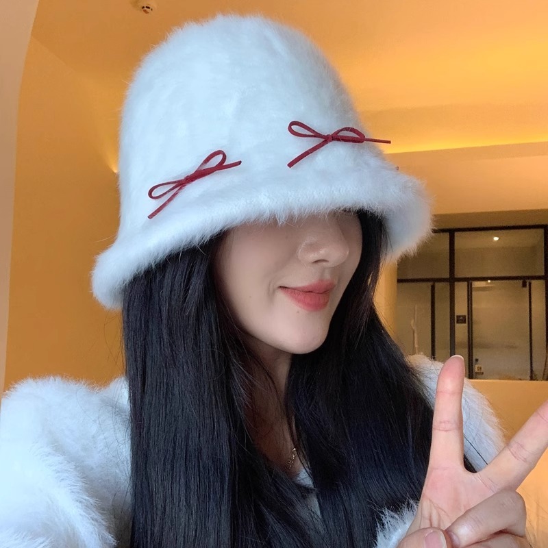 โบว์ตุ๊กตาถังหมวกหญิงฤดูใบไม้ร่วงฤดูหนาวกระต่ายญี่ปุ่นขนสัตว์อบอุ่นป้องกันหูอ่างหมวกทุกการแข่งขันใบหน้าดูหมวกขนาดเล็ก