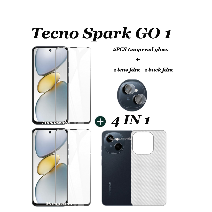4in1 สําหรับ Tecno Spark GO 1 กรอบสีดําแบบเต็มหน้าจอกระจกนิรภัยฟิล์มป้องกัน Tecno Spark GO 1 ฟิล์มกร