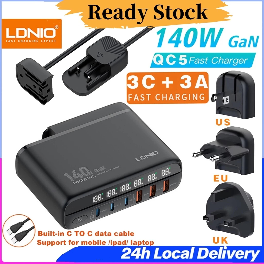 LDNIO In Stockldnio 140W GaN Super Fast Charger A6140C UK/US/EU ปลั๊กสลับได้ QC5 PD Type-C USB-A 6 พ