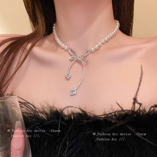 พิสดารมุกเพชรสร้อยคอโบว์ฝรั่งเศสแสงหรูหราใหม่โซ่กระดูกไหปลาร้าแฟชั่นความรู้สึกอาวุโสปกขายส่ง