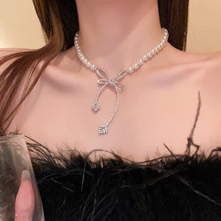 พิสดารมุกเพชรสร้อยคอโบว์ฝรั่งเศสแสงหรูหราใหม่โซ่กระดูกไหปลาร้าแฟชั่นความรู้สึกอาวุโสปกขายส่ง