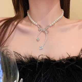 พิสดารมุกเพชรสร้อยคอโบว์ฝรั่งเศสแสงหรูหราใหม่โซ่กระดูกไหปลาร้าแฟชั่นความรู้สึกอาวุโสปกขายส่ง