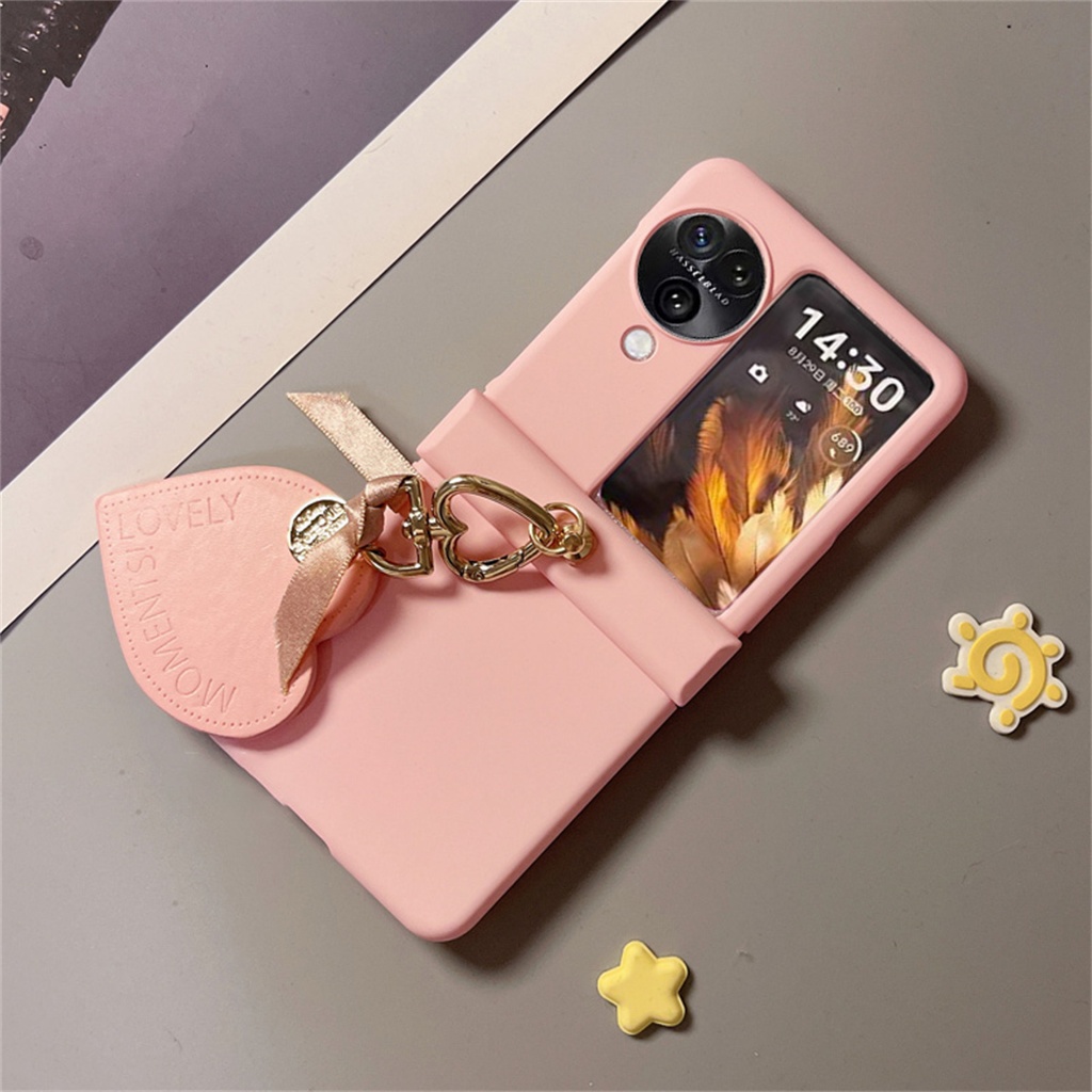 เกาหลีเรียบง่ายน่ารักสีทึบสีชมพูรักกระต่ายหัวเคสโทรศัพท์พร้อมจี้หัวใจสําหรับoppo N3Flip N2 Flip N3 Flip N2flip N3Flipกันกระแทกปกหลัง