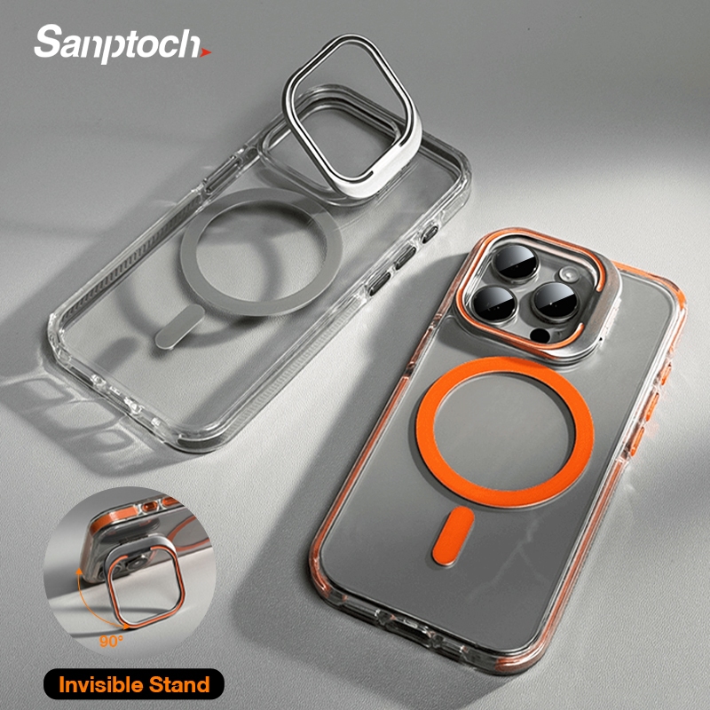 Sanptoch สําหรับแม่เหล็กที่มองไม่เห็นเลนส์ขาตั้งเคสโทรศัพท์สําหรับ iPhone 17 16 15 14 13 12 Pro Max กันกระแทกฝาครอบกันชนใสทหาร-drop ป้องกันปลอกพร้อมกล้องผู้ถือโลหะผสม