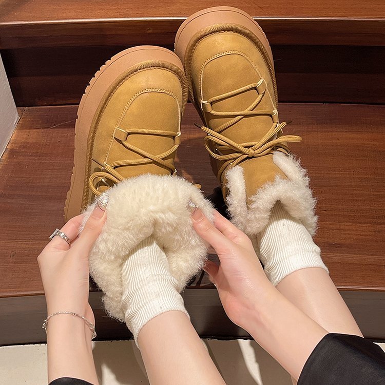 ผู้หญิงหนาsoled Snow Bootsฤดูใบไม้ร่วงฤดูหนาวสไตล์ใหม่Lace-Up Casualรองเท้าแบนสไตล์อังกฤษแพลตฟอร์มด้านล่างAnti-SlipขนแกะซับWarm Mid-Tubeรองเท้าผู้หญิง