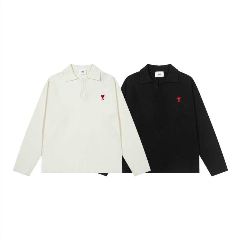 ฤดูใบไม้ร่วงฤดูหนาวผลิตภัณฑ์ใหม่หัวใจเล็กๆปักขนสัตว์ Ami De Coeur polo Collar เสื้อกันหนาวเสื้อสวมหัว Unisex