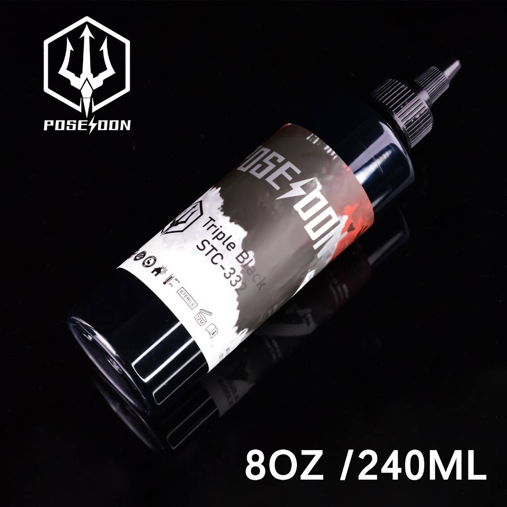 Poseidon Triple Tattoo Ink- Black 240ml หมึกสักถาวร, 8Oz แต่งหน้า pigment Art Tattoo Supply,สีคิ้วอายไลเนอร์ Tattoo Ink สําหรับศิลปิน