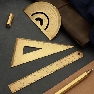 วินเทจทองเหลืองตรงไม้บรรทัดโลหะสามเหลี่ยมไม้โปรแทรกเตอร์มัลต…