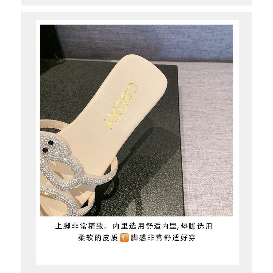 💥พลอยเทียม สแควร์ นิ้วเท้า แบนเปิดนิ้วเท้ารองเท้าแตะผู้หญิง 2024 สวมใส่ด้านนอกฤดูร้อนสไตล์ใหม่สไตล์นางฟ้ารองเท้าแตะแบนเซ็กซี่เวอร์ชั่นเกาห