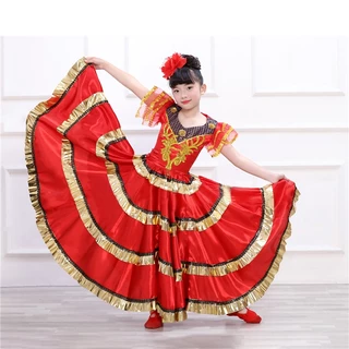 สาวสเปน Flamenco กระโปรง Gypsy Belly Dancer Performance เครื่องแต่งกายชุด 3-12 ปียาว Swing Race กระโปรงฮาโลวีนชุดวันเกิด