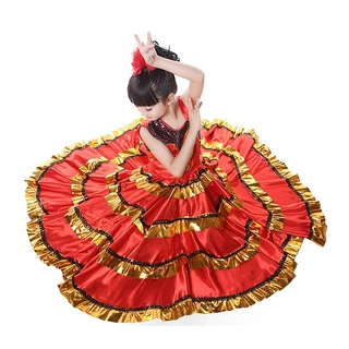 สาวสเปน Flamenco กระโปรง Gypsy Belly Dancer Performance เครื่องแต่งกายชุด 3-12 ปียาว Swing Race กระโปรงฮาโลวีนชุดวันเกิด