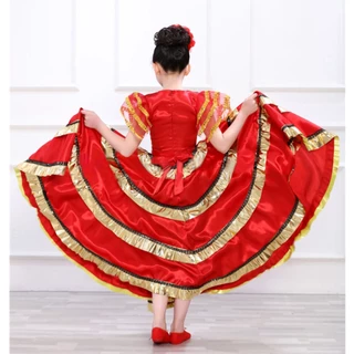 สาวสเปน Flamenco กระโปรง Gypsy Belly Dancer Performance เครื่องแต่งกายชุด 3-12 ปียาว Swing Race กระโปรงฮาโลวีนชุดวันเกิด