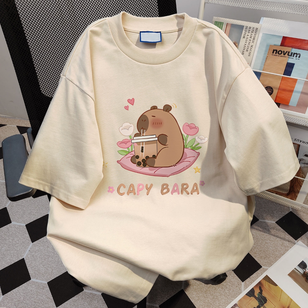 TIHIK เสื้อยืด ลายการ์ตูน โอเวอร์ไซส์ 100%Cotton แขนสั้นลายการ์ตูนน่ารักหลวม B000349