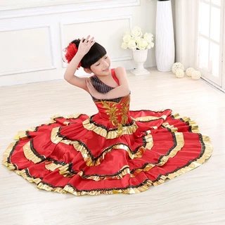 สาวสเปน Flamenco กระโปรง Gypsy Belly Dancer Performance เครื่องแต่งกายชุด 3-12 ปียาว Swing Race กระโปรงฮาโลวีนชุดวันเกิด