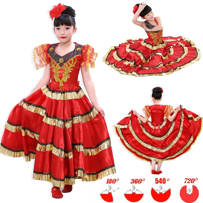 สาวสเปน Flamenco กระโปรง Gypsy Belly Dancer Performance เครื่องแต่งกายชุด 3-12 ปียาว Swing Race กระโปรงฮาโลวีนชุดวันเกิด