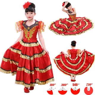 สาวสเปน Flamenco กระโปรง Gypsy Belly Dancer Performance เครื่องแต่งกายชุด 3-12 ปียาว Swing Race กระโปรงฮาโลวีนชุดวันเกิด