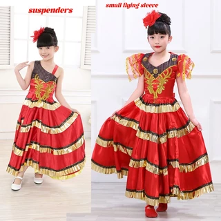 สาวสเปน Flamenco กระโปรง Gypsy Belly Dancer Performance เครื่องแต่งกายชุด 3-12 ปียาว Swing Race กระโปรงฮาโลวีนชุดวันเกิด