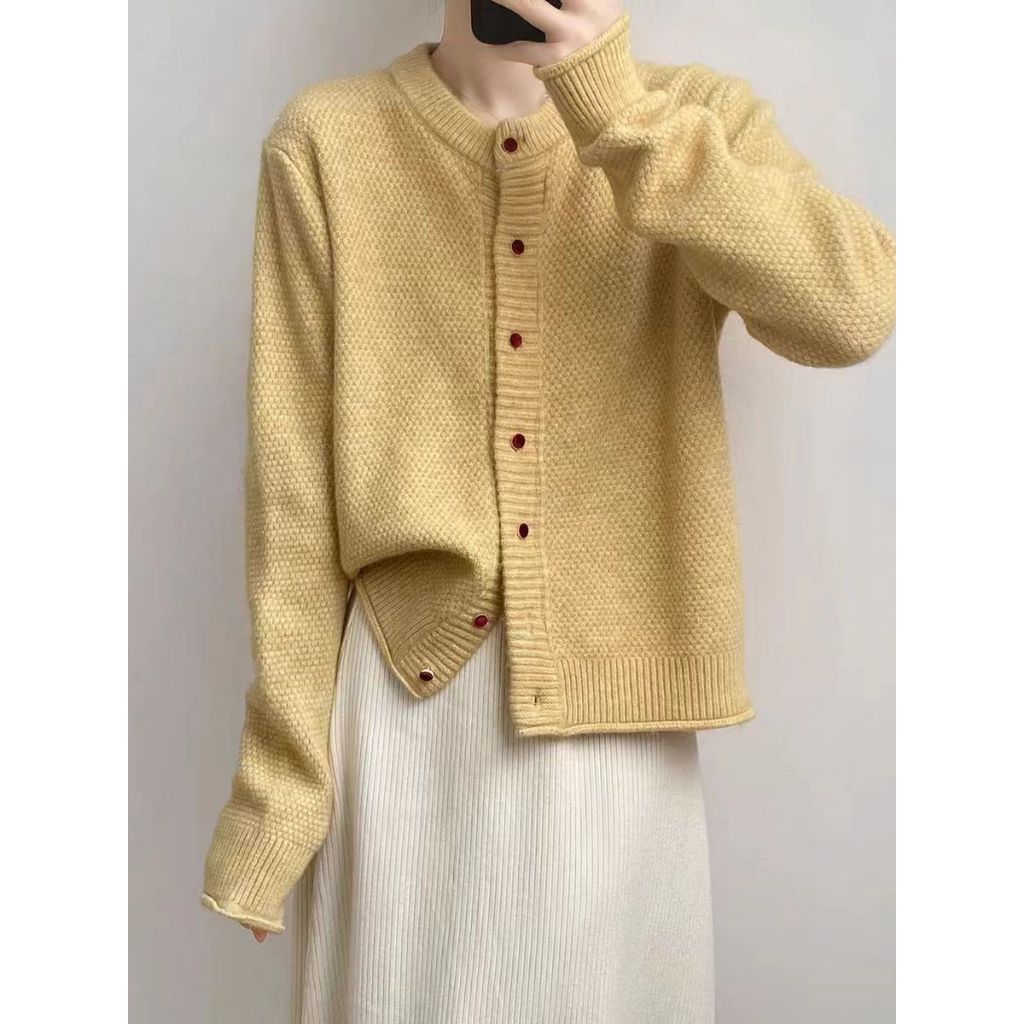 NZN เกาหลีฤดูหนาวใหม่ slouchy คอลูกเรือถักเสื้อกันหนาวผู้หญิงสีทึบเรียบง่ายกระดุมแถวเดียว