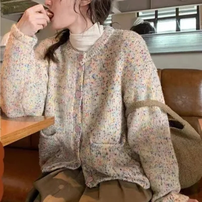 NZN ฤดูหนาว เกาหลี เสื้อสเวตเตอร์คอลูกเรือสีสันสดใส คาร์ดิแกนถักแขนยาวลําลองหลวม