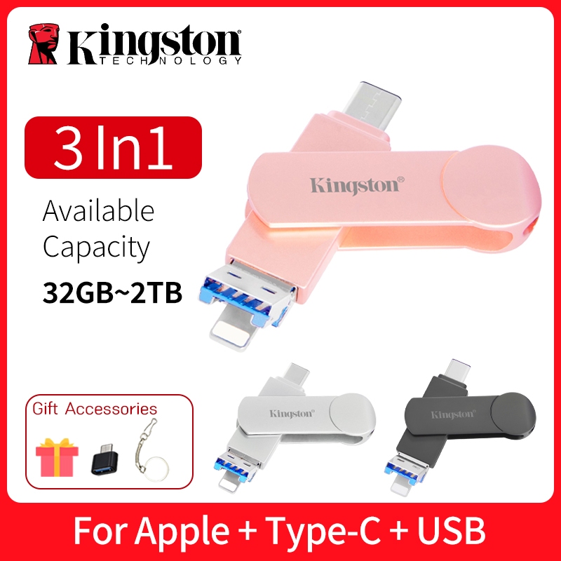 Kingston โทรศัพท์มือถือ u Disk สามในหนึ่งเดียวเหมาะสําหรับ Apple Type-C ความจุขนาดใหญ่ usb3.0 แฟลชไดรฟ์ความเร็วสูง otg แท่งหน่วยความจําภายนอก