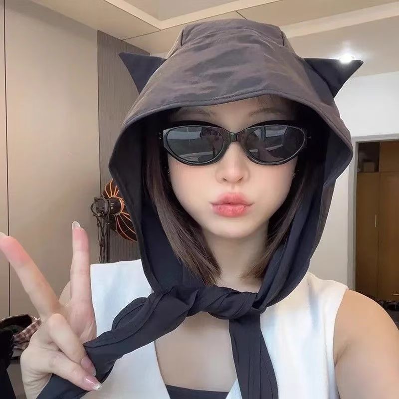 ปีศาจน้อยสายรัดหมวกชาวประมงแห้งเร็วป้องกันแสงแดด กระบังหน้า ผู้หญิงบางป้องกันหูผ้าโพกหัวหมวก