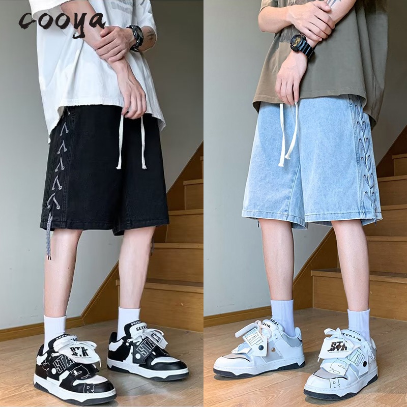 COOYA กางเกงยีนส์ผู้ชาย กางเกงยีนส์ขาสั้น ทรงหลวม บุคลิกภาพ ลำลอง ใส่สบาย baggy jeans ชาย