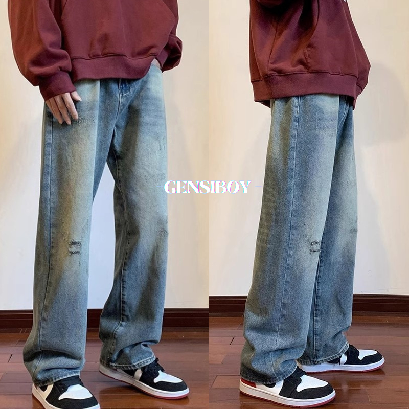Gensiboy-กางเกงยีนส์ผู้ชาย วินเทจชาย ทรงหลวม ยีนส์ขากระบอก Jeans ทรงกระบอก หลวมๆใส่สบาย เท่ๆ ขากว้าง