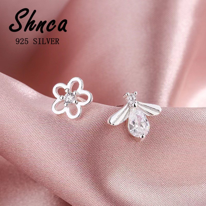 แฟชั่นที่สง่างาม925เงินสเตอร์ลิงผึ้งดอกไม้เพทายต่างหูหญิง ที่021