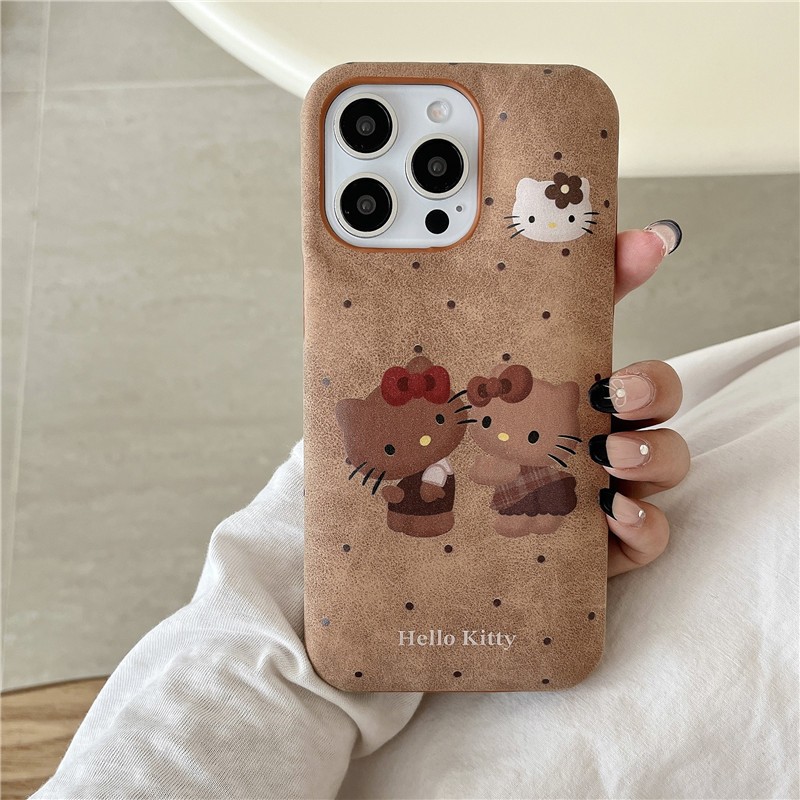 Iphone 16 Pro max 15 Pro max Wave point Hello Kitty with bow pattern วัสดุ PU เคสโทรศัพท์ยกสูง