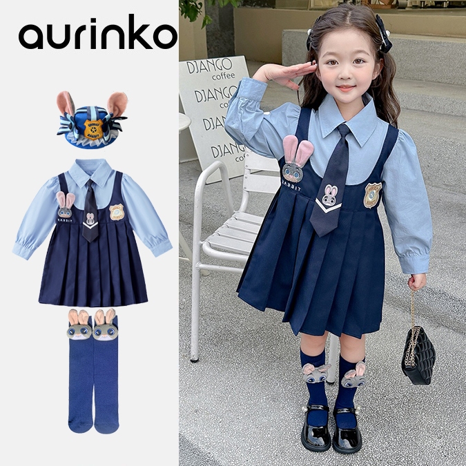 Aurinko ชุดเด็กผู้หญิง พัฟแขน กระต่ายจูดี้ ฤดูร้อน 3-10 ปี