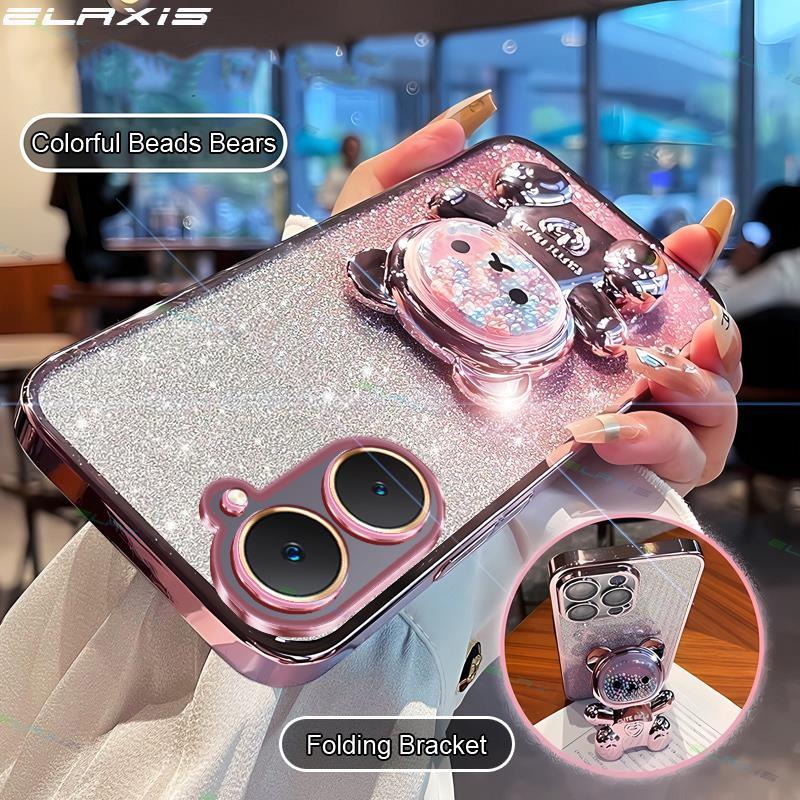Elaxis สําหรับ VIVO Y03/VIVO Y03t เคสโทรศัพท์บรรเทาความเครียดที่มีสีสันลูกปัดหมีพับขาตั้ง Gradual Glitter Soft TPU ฝาหลัง ES002
