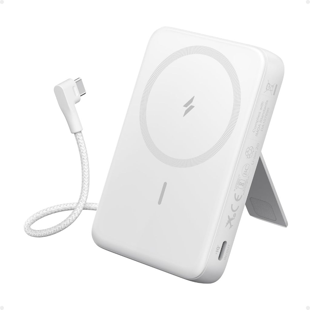 Anker Zolo Magnetic Power Bank เครื่องชาร์จแบบพกพาไร้สาย 10000mAh พร้อมชุดแบตเตอรี่ชาร์จเร็วสูงสุด 30W พร้อมสาย USB-C ในตัวและขาตั้งปรับได้