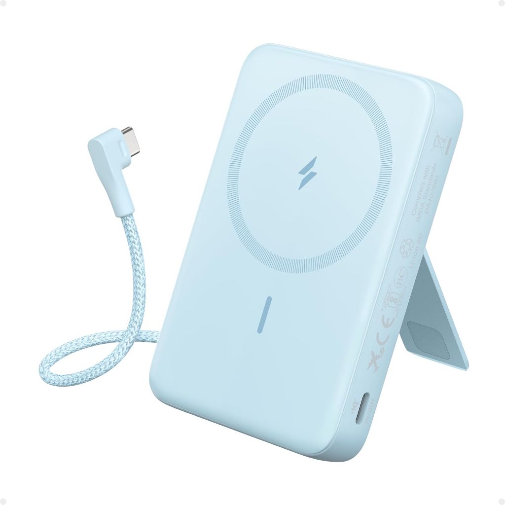 Anker Zolo Magnetic Power Bank เครื่องชาร์จแบบพกพาไร้สาย 10000mAh พร้อมชุดแบตเตอรี่ชาร์จเร็วสูงสุด 30W พร้อมสาย USB-C ในตัวและขาตั้งปรับได้