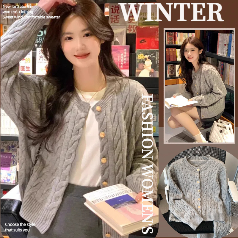 NZN เกาหลีฤดูใบไม้ร่วงใหม่หลวมสีเทานุ่มแขนยาวถักเสื้อสเวตเตอร์ถักแจ็คเก็ตผู้หญิง