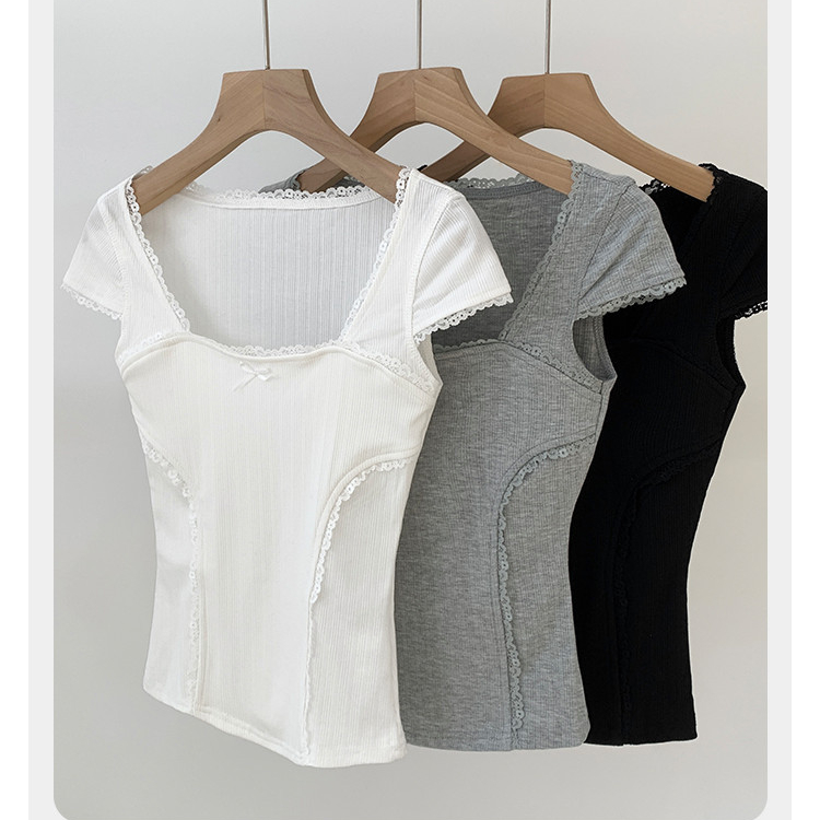 77474 Lace Stitching Slim-fit เสื้อยืดแขนสั้นผู้หญิง