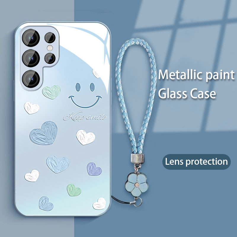 สําหรับ Samsung S23Ultra S24 S22 Plus สายรัดข้อมือหัวใจหน้ายิ้ม Graffiti Tempering Glass Shell เลนส์ฟิล์มป้องกันกระจกกันกระแทกกรณี A55 A54 5G