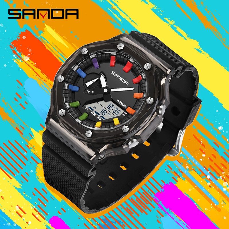 ซานดา 3341-2/ใน คลังสินค้า ใหม่โปร่งใส ชุด มีสไตล์และเรียบง่ายกันน้ําส่องสว่างอิเล็กทรอนิกส์นาฬิกาผู้ชาย