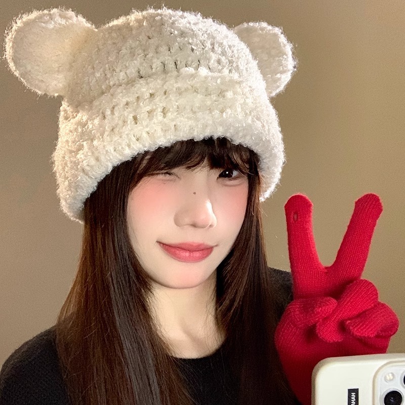 หมวกหูหมีน่ารักหญิงฤดูใบไม้ร่วงฤดูหนาวเวอร์ชั่นเกาหลีสไตล์ใหม่ทุกการแข่งขันเส้นรอบวงหัวใหญ่อบอุ่นถักหมวกทําด้วยผ้าขนสัตว์ใบหน้าขนาดเ