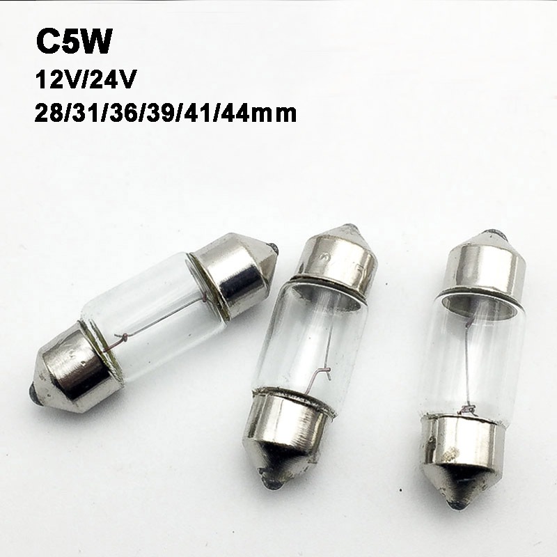 10 ชิ้น C5W 12V 24V หลอดไฟฮาโลเจนรถยนต์สําหรับป้ายทะเบียน Trunk แต่งหน้าไฟอ่านหนังสือ