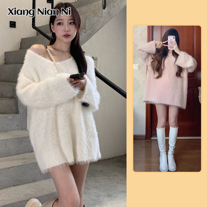 Xiang Nian Ni เสื้อแจ็กเก็ตกันหนาว คอวี ผ้ากํามะหยี่ ทรงหลวม สําหรับผู้หญิง